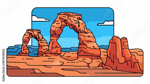 Red rock formations with natural arches under a bright blue sky and clouds