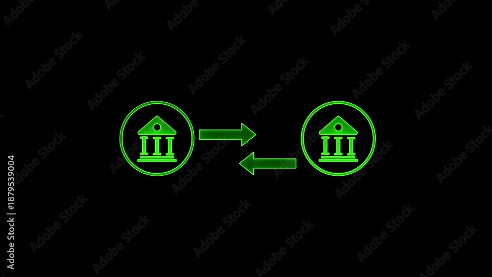 Fototapeta premium Two green circular with bank building symbols connected by bidirectional horizontal arrows on a dark Generate title without using the word 