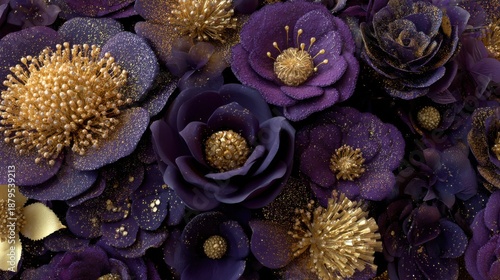 Luxurious purple and gold flowers with sparkling glitter