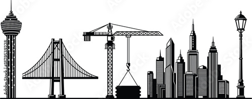 Urban infrastructure silhouette set with tower, bridge, crane, skyscrapers, street lamp, black city icons for architecture, construction, planning, engineering