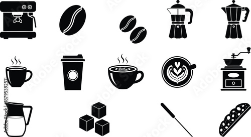 A collection of black and white icons representing various coffee related items and accessories
