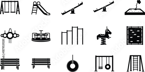 A collection of black and white icons featuring various playground equipment