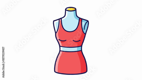Red stylized dress on a light blue mannequin with a yellow neck