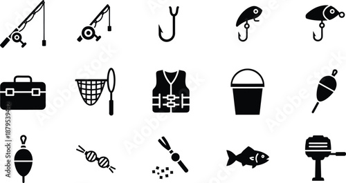 A comprehensive collection of fishing gear icons for hobbyists and enthusiasts