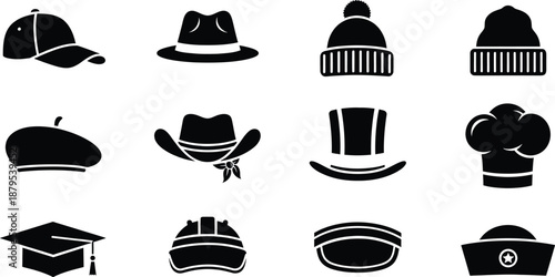 A collection of different types of headwear icons including baseball caps, beanies, and graduation caps.