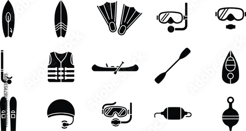 Water sports and activities equipment icons set featuring snorkeling gear and surfboards
