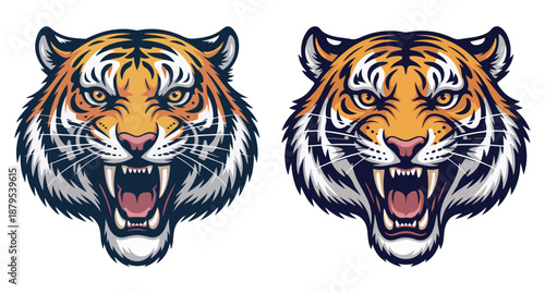 Tiger Heads Roaring Fiercely Isolated on White Background