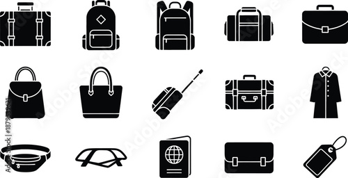 A collection of various travel and luggage accessories icons in black silhouette style