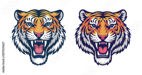 Tiger Heads Roaring Fiercely on White Background