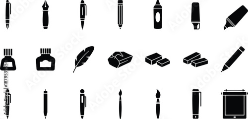 A collection of black silhouette icons representing various writing and art supplies