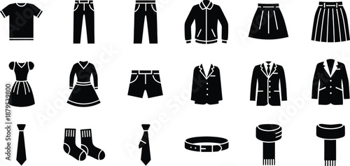 A collection of black silhouette icons representing various articles of clothing and accessories