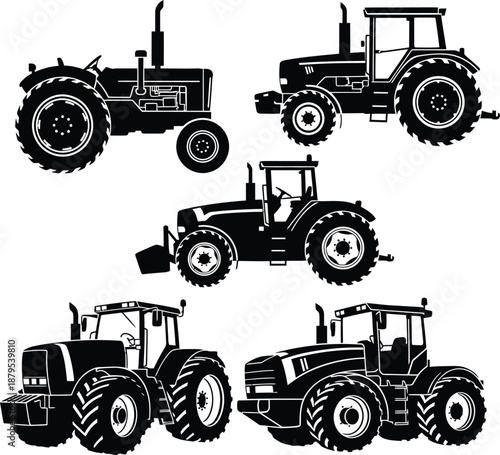 Heavy duty agricultural tractor silhouette collection isolated on white background for farming and industrial design