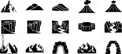 A set of monochrome icons depicting various landforms and natural geographical features