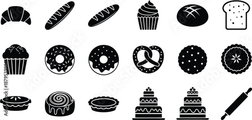 A large collection of black silhouette icons representing various bakery items and baking tools
