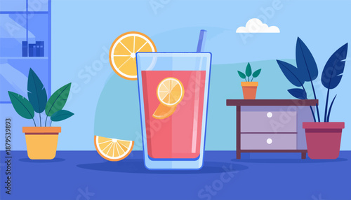 Refreshing citrus drink with houseplants and furniture in a modern interior