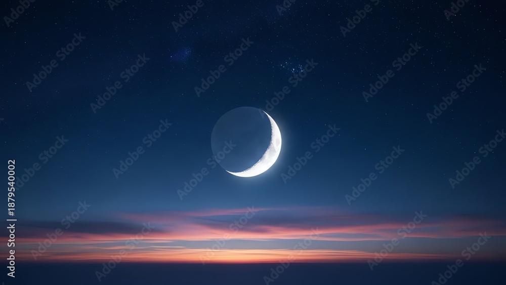 Obraz premium Crescent moon over twilight sky with stars
