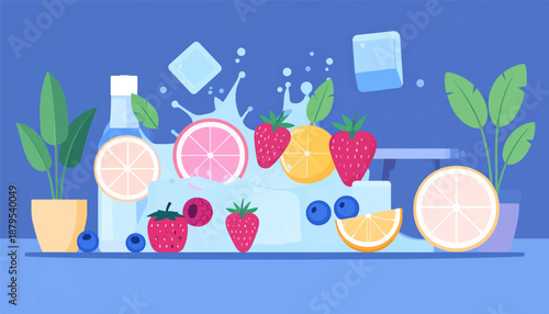 Refreshing assortment of fruits and ice cubes with plants and a bottle