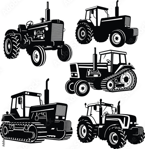 Heavy duty agricultural tractor silhouette collection isolated on white background for farming and industrial design