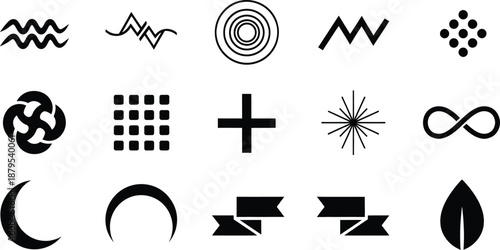 A diverse collection of abstract symbols and icons isolated on a white background