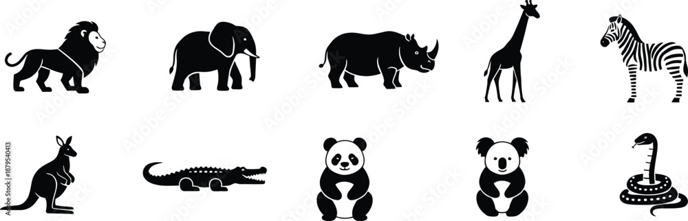 Obraz premium A collection of ten iconic black and white silhouettes of various wild animals