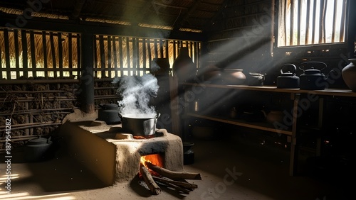 AI generated interior of a traditional Sri Lankan village kitchen with a wood-fired clay stove, smoke, and sunbeams in a rustic thatched-roof hut.