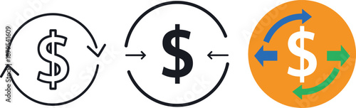Currency exchange and money circulation icons with dollar symbols and arrows, financial transaction, cash flow, payment transfer, and business economy concept