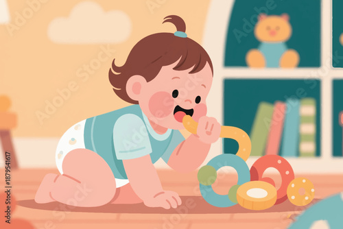 Illustration Of A Little Girl With Her Hair Tied Up And Wanting To Eat Her Toy Vector Design Template
