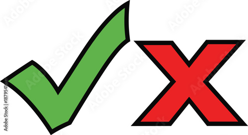 Green checkmark and red cross icon symbols representing approval and rejection, correct and incorrect decisions, validation choices isolated on white background