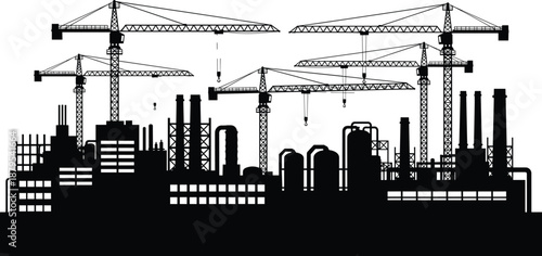 Industrial construction site silhouette with cranes, factories, and infrastructure development, representing manufacturing growth, urban expansion, and heavy industry engineering concept illustration