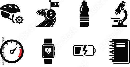 Lifestyle and productivity icon set featuring fitness, hydration, science, energy, health tracking, and performance tools in bold black vector style