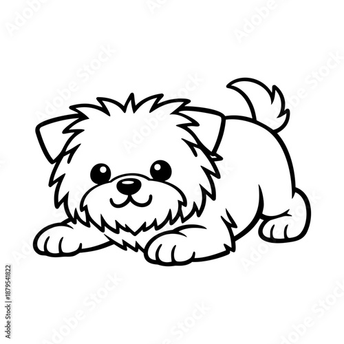 Cute fluffy puppy dog in playful bow pose, black and white outline cartoon vector illustration isolated on white for sticker, logo or kids coloring page