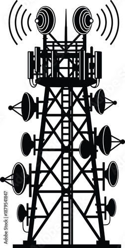 Telecommunication tower silhouette with antennas transmitting wireless signals, representing mobile network, broadcasting infrastructure, and digital communication technology concept illustration