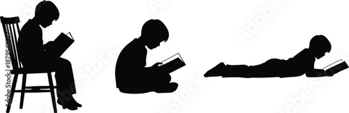 Silhouettes of Children Reading Books in Various Comfortable Positions Depicting Learning, Focus, and Relaxed Engagement with Literature