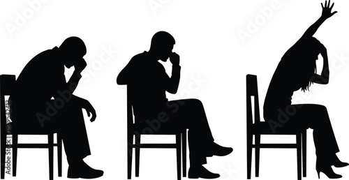 Silhouettes of seated individuals in expressive postures on chairs, illustrating emotional states, stress, contemplation, and psychological tension