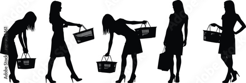 Silhouettes of woman in high heels holding shopping basket in varied postures illustrating retail movement, balance, and ergonomic strain