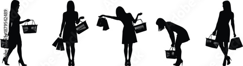 Silhouettes of women carrying shopping bags and baskets in varied postures illustrating retail behavior, consumer effort, and ergonomic strain