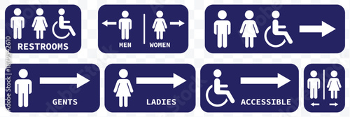 Public restroom and toilet facility icon set. Men and women restroom icon sign right arrow. Collection of restroom and accessibility icons for men women and disabled man. eps 10