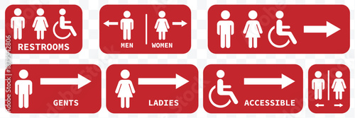 Public restroom and toilet facility icon set. Men and women restroom icon sign right arrow. Collection of restroom and accessibility icons for men women and disabled man. eps 10