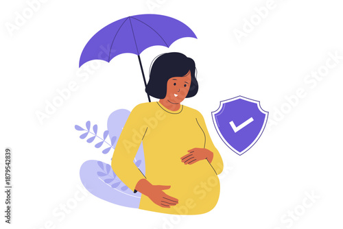 Maternity and Pregnancy Health Insurance Illustration. Pregnant woman protected by an umbrella and a safety shield representing medical protection during pregnancy, prenatal care, and childbirth