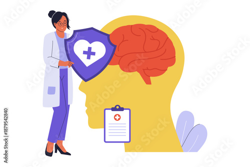 Mental Health Insurance and Psychological Support Protection Illustration. A female doctor holding a safety shield over a human brain profile, representing professional psychological support & therapy