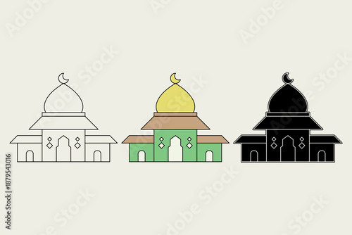 Mosque illustration with three different styles. Mosque with a classic design in green and brown colors with a yellow dome, vector illustration.