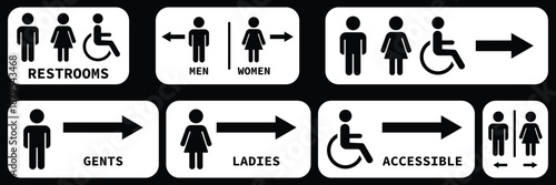 Public restroom and toilet facility icon set. Men and women restroom icon sign right arrow. Collection of restroom and accessibility icons for men women and disabled man. eps 10