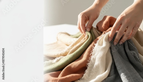 Hands selecting natural linen fabric swatches in bright studio