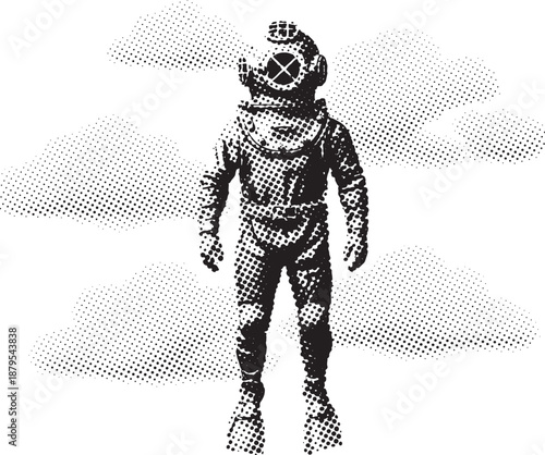 Vintage Deep Sea Diver in Halftone Vector Illustration