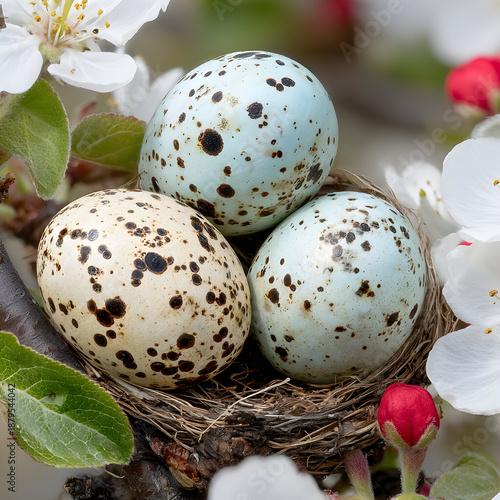 Speckled Bird Eggs in Nest Surrounded by Blossoms.