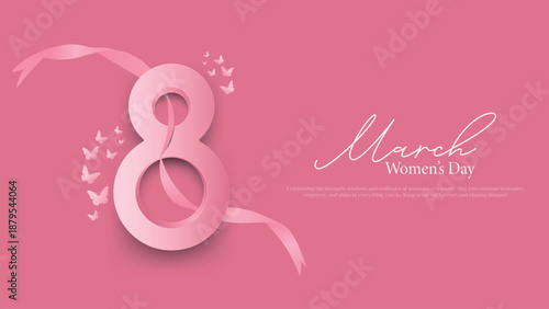 International Women’s Day design with 3D number 8 and ribbon with butterfly. Perfect for posters, banners, greetings, and celebration. Vector illustration design.