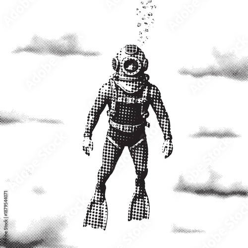 Vintage Diver in Retro Scuba Gear Ascending with Bubbles, Halftone Illustration Style