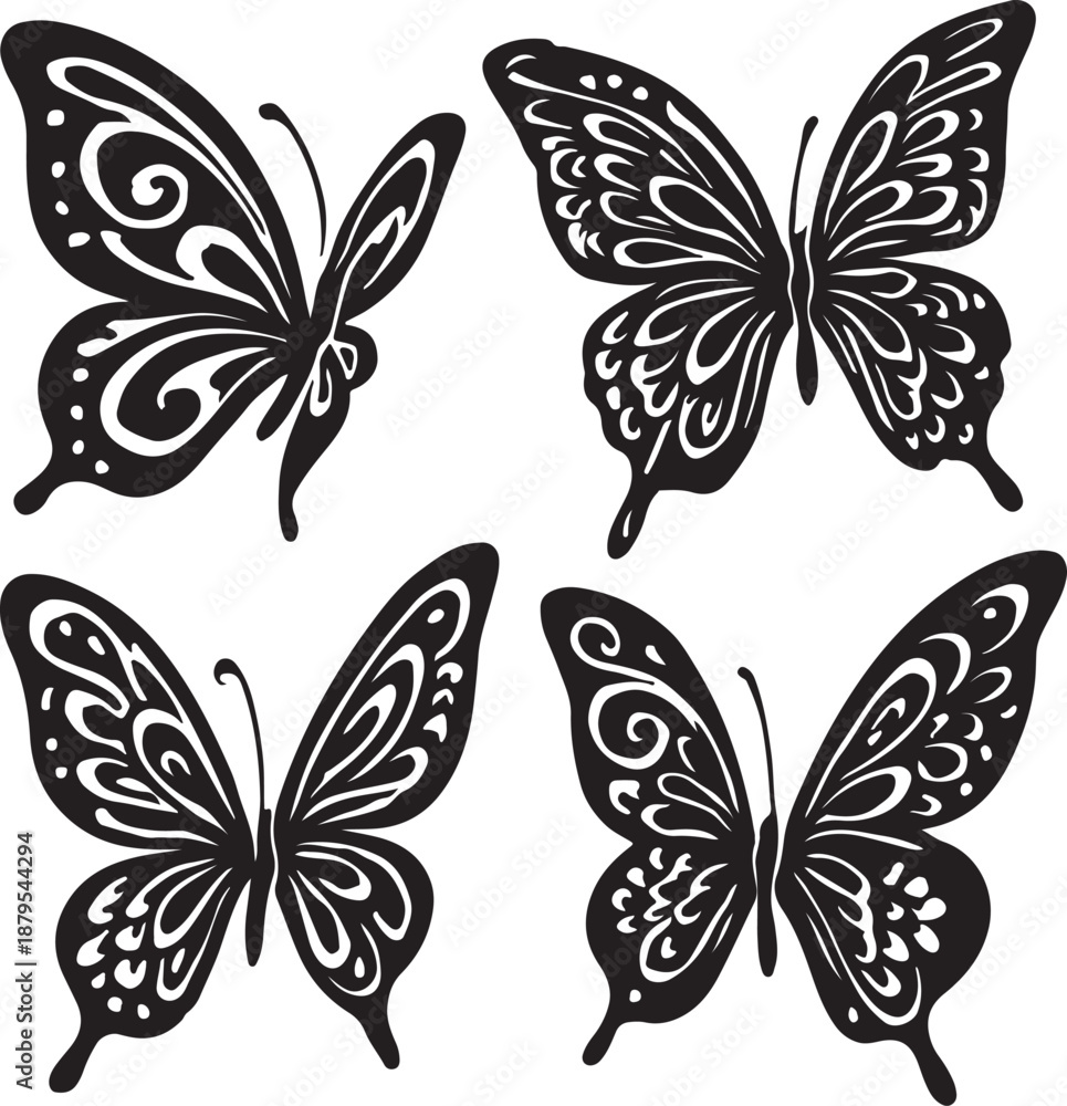 Fototapeta premium Four decorative black and white butterflies with intricate wing patterns