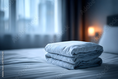 Stack of folded towels on a bed in a hotel room.