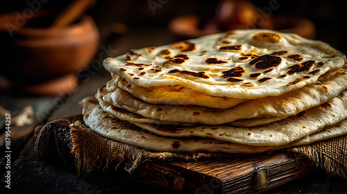 Stack of freshly baked naan bread on a wooden board.